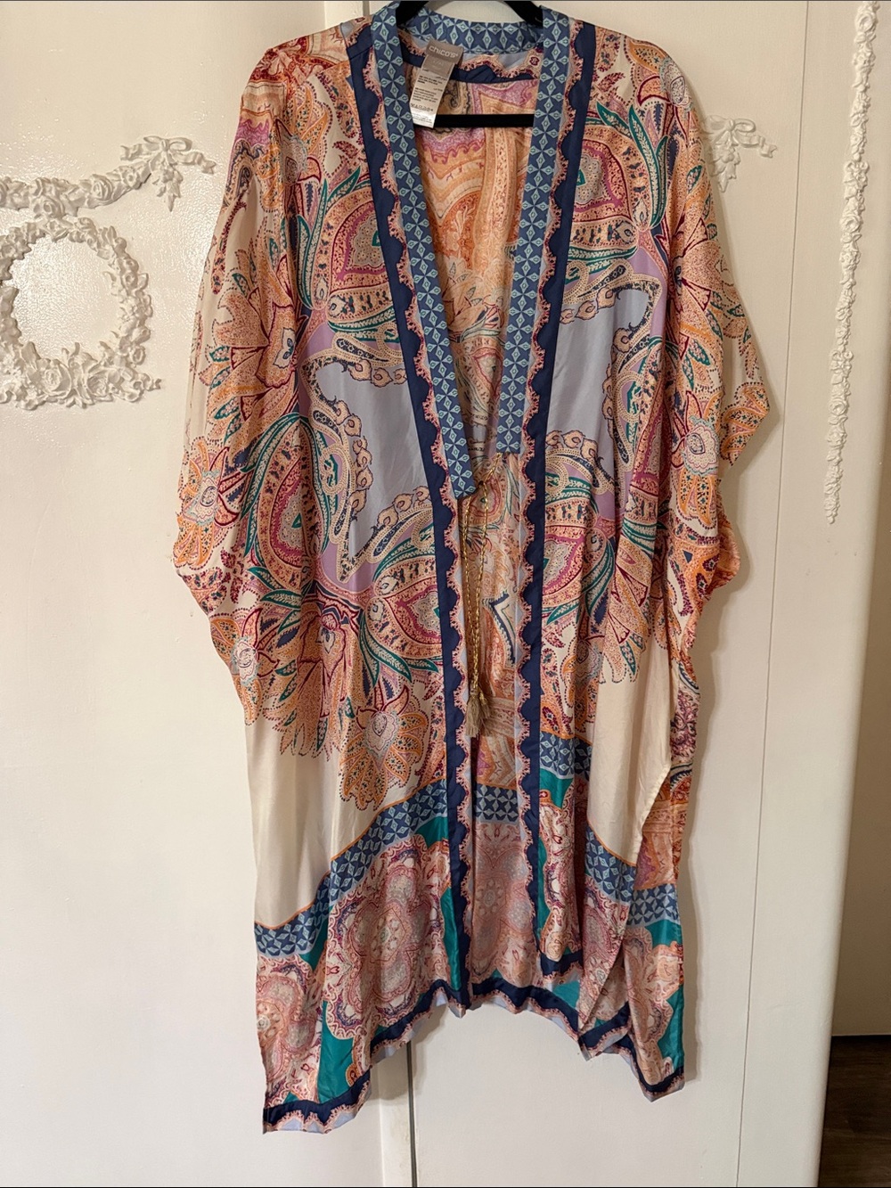 Chico's Paisley Print Lightweight Silk Wrap in Blue, Pink, Cream SZ L/XL